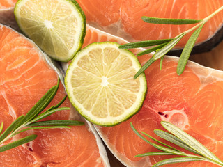 salmon with lemon slice close-up