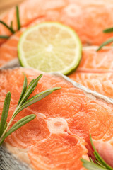 salmon with lemon slice close-up
