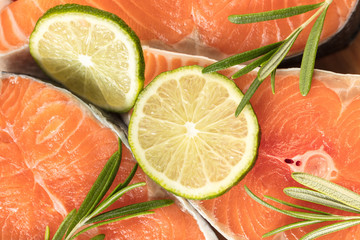 salmon with lemon slice close-up
