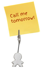 Man Figure Business Card Holder with yellow paper note CALL ME TOMORROW