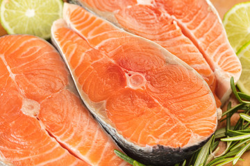 salmon with lemon slice close-up