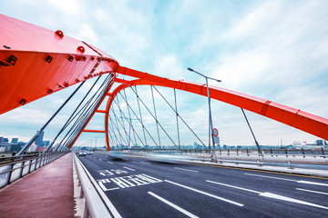 bridge with abstract steel constructions in seoul in cloud sky