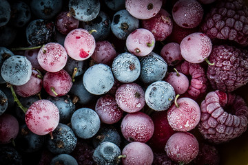 frozen berries, black currant, red currant, raspberry, blueberry. top view. macro - 132797123