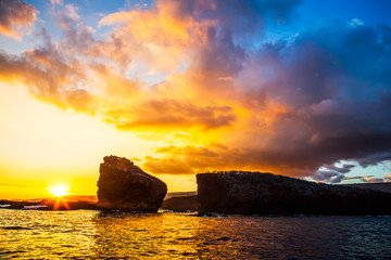 Sunset.  Lanai, Hawaii. Sweetheart rock.  Puu Pehe. Two Rocks.