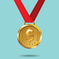 Vector gold medal and red ribbon on green background. Gold medal and red ribbon concept. Use for Sport, business, marketing, creative, web design and graphics. Vector, Background.