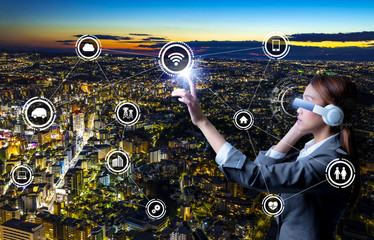 modern city night panorama and wireless communication network