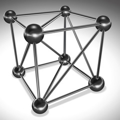 Cube from  connected cylinders and spheres. Metal lattice. White