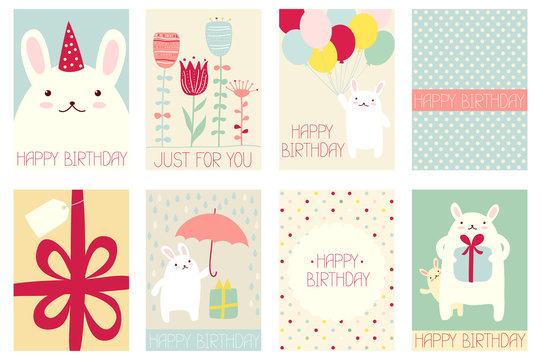 Set of birthday banners with cute rabbits