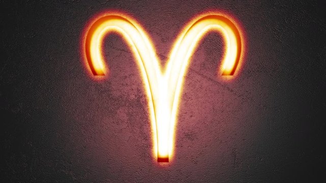Engraved astrological sign Aries shining on stone background, seamless looping