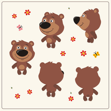 Funny teddy bear in turns. Set cute teddy bear in different poses turn.