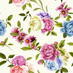Fototapeten Peony and roses with leaves. Seamless background pattern. Vector - stock. © iMacron