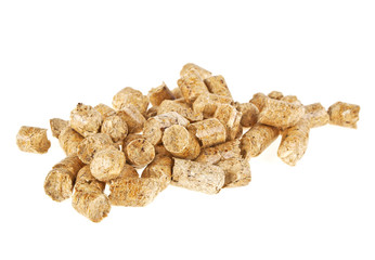 Pelleted compound feed isolated on white background, wheatfeed p