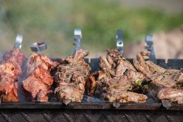 barbecue grill, skewers with meat  open air