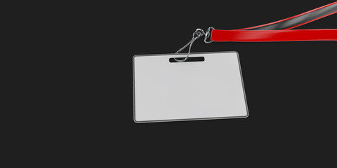 Red Blank name bagde lace mockup, 3d illustration. Plain empty namebadge mock up with cotton band. isolated black