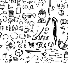 Hand drawn seamless doodle pattern with business symbols