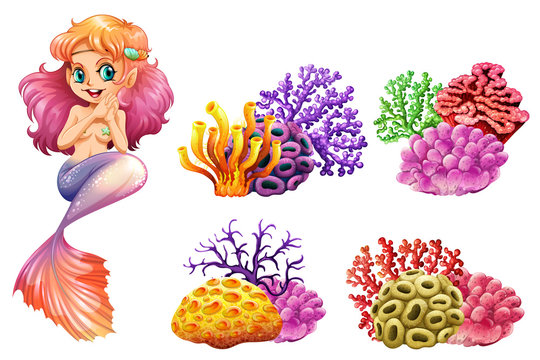 Cute mermaid and colorful coral reef
