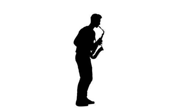 Saxophonist silhouette playing a musical instrument on a white background