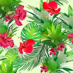 Fotobehang Seamless pattern with tropical flowers in watercolor style. © blina