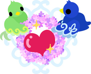 The cute little birds of mysterious design and a heart wreath