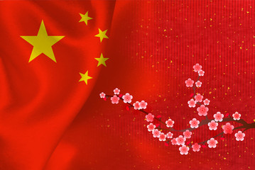 中国　 国旗　梅　背景