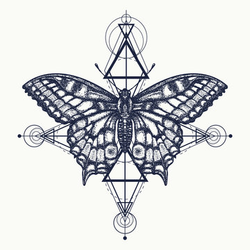 Butterfly tattoo, geometrical style. Beautiful Swallowtail boho
