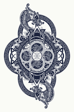 Dragons and Celtic tree of life, tattoo. Mystic tribal symbol
