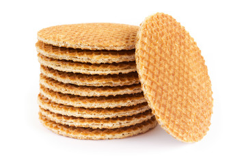 Stack of Dutch stroopwafel cookies on a white background