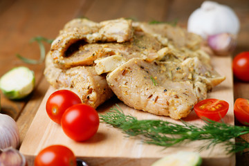 Raw marinated pork meat and vegetables 