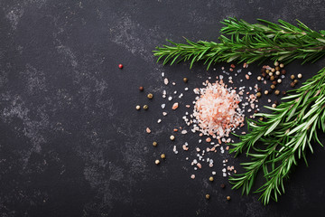 Rosemary plant, salt and spices on black stone table top view with copy space for menu or recipe,...