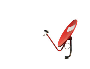 Red satellite dish on white background with clipping path.
