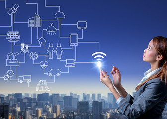 young woman using smart phone and wired various wireless communication devices