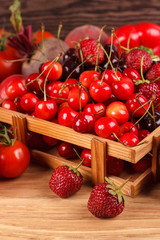 Set of red fresh raw vegetables and fruits