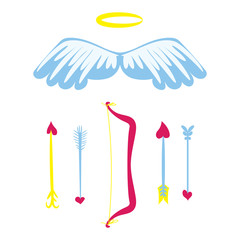 Cartoon Amour weapons set . Bow, wings, nimbus and arrows with heart. Cupids stuff.   Valentines Day romantic set. Holiday flat design on white background