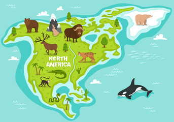 North american map with wildlife animals vector illustration. American flora and fauna, monkey, alligator, bear, lynx, bison, snake, deer, whale. North american continent in cean with wild animals.