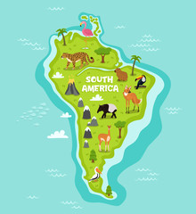 South american map with wildlife animals vector illustration. American flora and fauna, wolf, lama, tapir, pelican, flamingo, toucan, jaguar. South american continent in blue ocean with wild animals