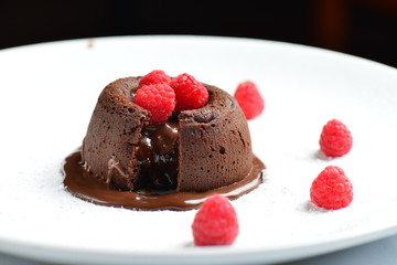 French Hot Chocolate Souffle with raspberries