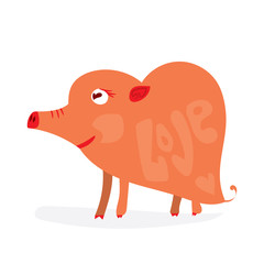Valentines Day illustration with cute pig in a heart shape. Flat  design on white background.
