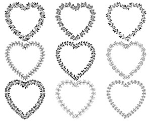 Vector set of floral heart shaped wreaths and borders for Valentine's day and other occasions