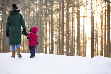 Fototapeta na wymiar Mother and little toddler boy walking in the winter forest and having fun with snow. Family enjoying winter. Child and woman watching falling snow outdoors. Winter, Christmas and lifestyle concept.