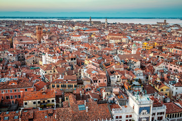 Aerial view in winter from the San Marco Sqaure, Venice, Veneto, Italy. Panoramic view at blue hour.