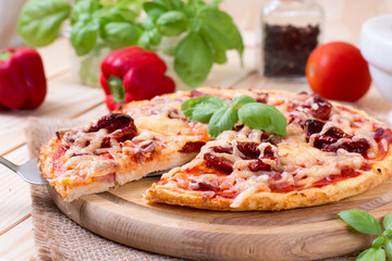 Delicious pizza with cheese and tomatoes