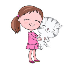 Girl tenderly cuddles tabby kitten.