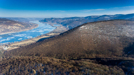 Ice drift on Danube river, Hungary, Visegrad. Aerial view hdr image