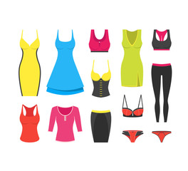 Collection of woman clothes for different occasions. Cocktail and casual dress, t-shirt, sport wear, sexy underwear, corset, skirt, panties. Modern flat design. Vector illustration on white background