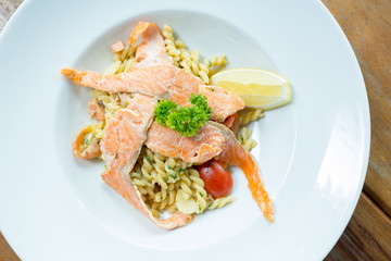 Fusilli pasta with smoke salmon