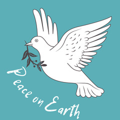 White Dove In Flight Holding An Olive Branch On Blue Background And With Text "Peace On Earth". Vector Illustration Peace Dove. Olive Branch. Dove Of Peace. Holiday Card.
