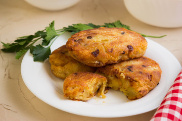Potato patties with fried onions on a white plate