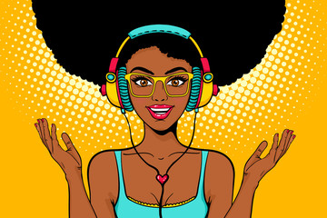 Young sexy african american black woman with open smile in headphones listening to the music and spreading her hands. Vector bright background in pop art retro comic style. Party invitation poster. - 132815343