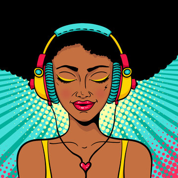 Young sexy afro american woman with closed eyes in headphones listening to the music and singing with a smile. Vector colorful background in pop art retro comic style. Party invitation poster.