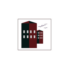 Logo three apartment houses of grey and red. Seagulls. Vector